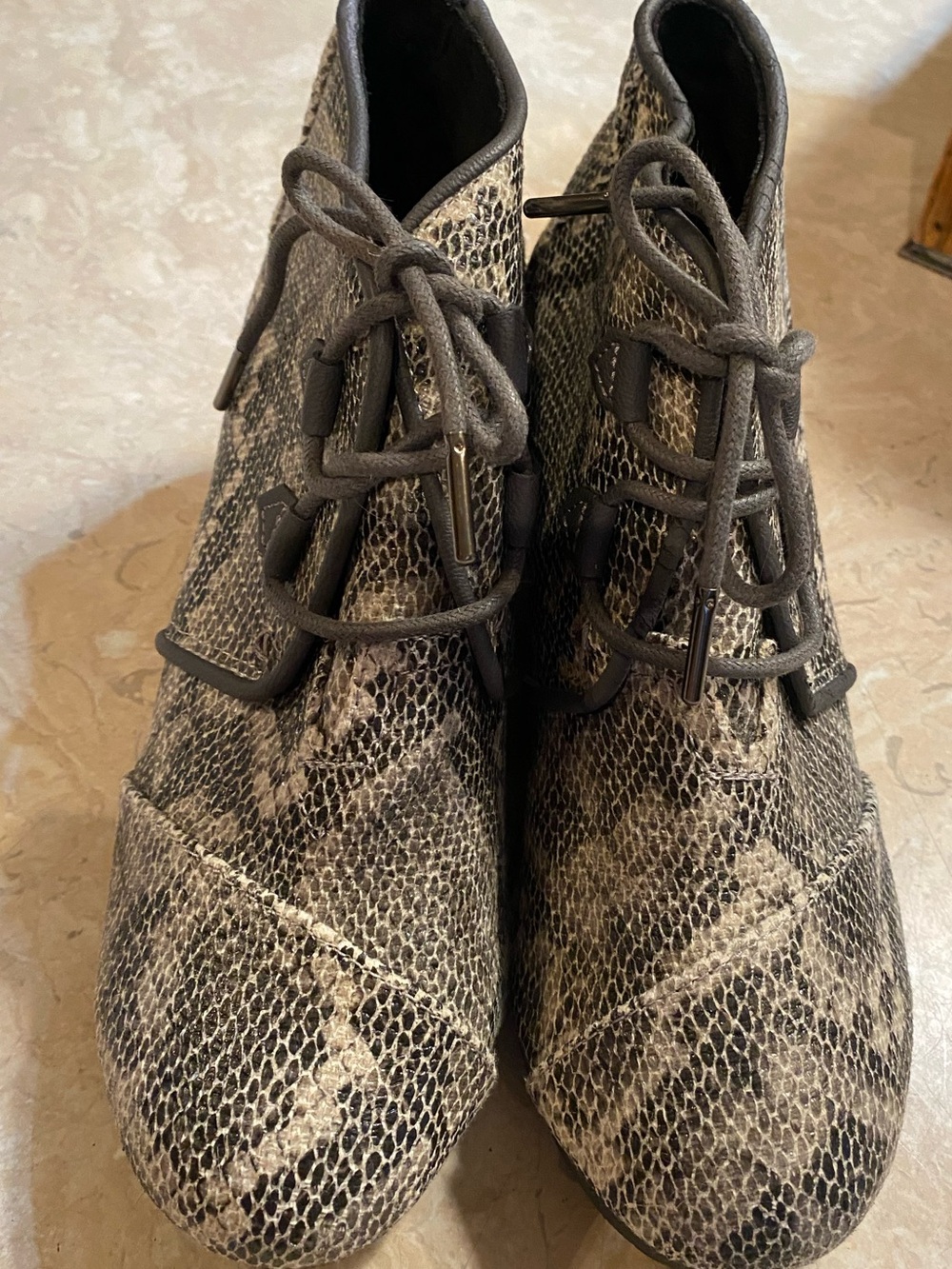Toms Lace-Up Snake-Print Ankle Boots in Taupe and Black